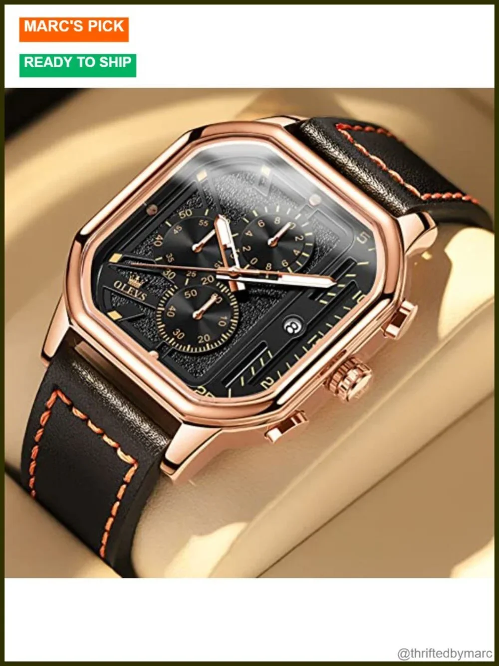 Square Dial Quartz Chronograph Leather Fashion Dress Watch Date Waterproof